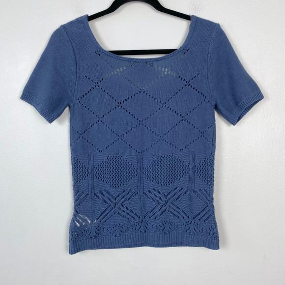 FRYE Blue Square Neck Knit Blouse Geometric Short‎ Sleeve Stretch Size Medium - Picture 7 of 7